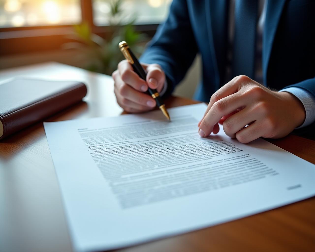Close-up of a legal professional reviewing a commercial contract with a fountain pen
