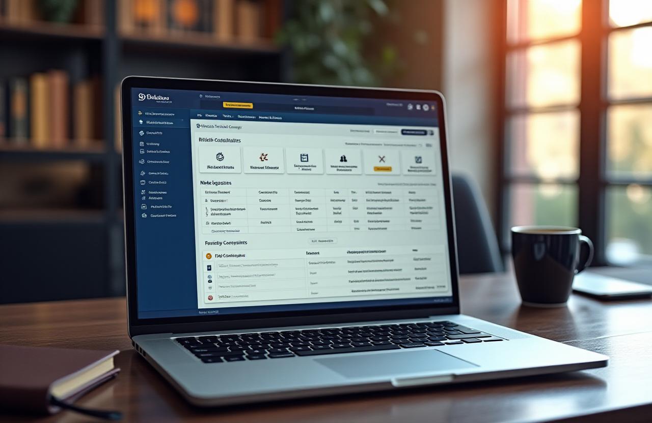 Modern professional workspace with advanced legal technology interfaces